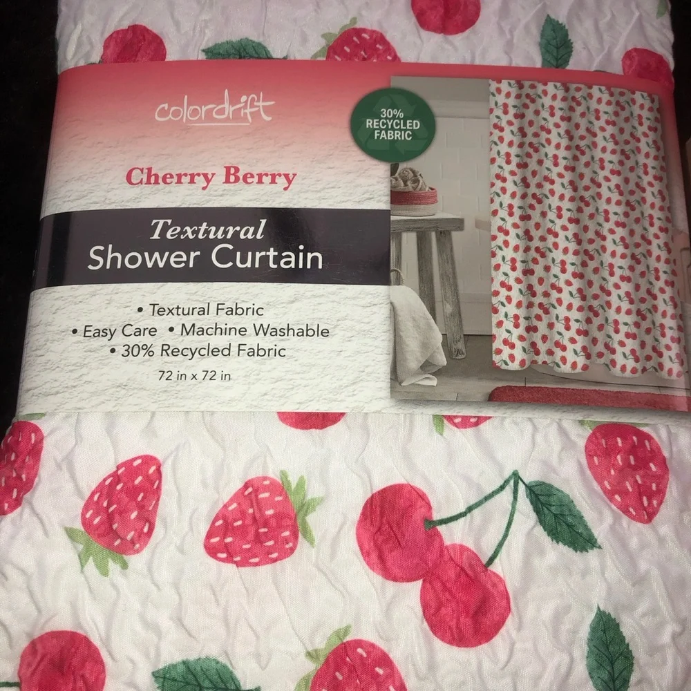 🍓🍒 Cherry & Strawberry  Textural Shower Curtain w/ cherry hooks